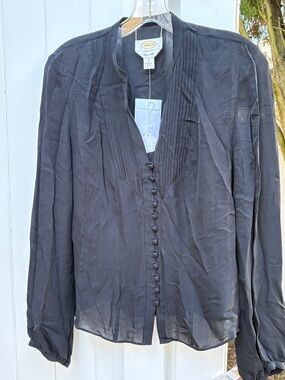 Talbots Slate Black Pintuck Button-Front pure silk Blouse size 8